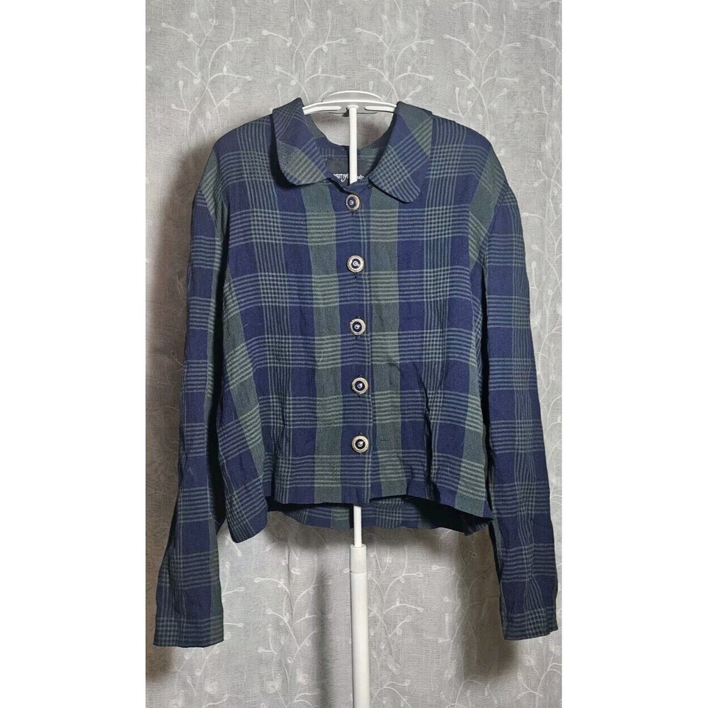 Vintage Dark Academia M Shirt Plaid Blue Green Shacket Button Down Gold Buttons